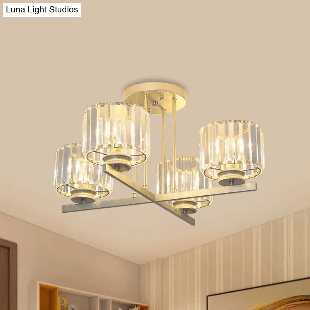 Gold Semi-Mount Crystal Prism Ceiling Flush Light - Modern 3/4-Light Short Cylinder
