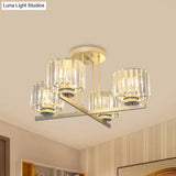 Gold Semi-Mount Crystal Prism Ceiling Flush Light - Modern 3/4-Light Short Cylinder