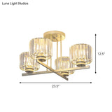 Gold Semi-Mount Crystal Prism Ceiling Flush Light - Modern 3/4-Light Short Cylinder
