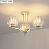 Gold Semi-Mount Crystal Prism Ceiling Flush Light - Modern 3/4-Light Short Cylinder