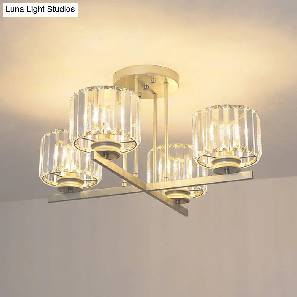 Gold Semi-Mount Crystal Prism Ceiling Flush Light - Modern 3/4-Light Short Cylinder