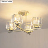 Gold Semi-Mount Crystal Prism Ceiling Flush Light - Modern 3/4-Light Short Cylinder