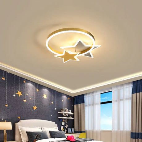 Gold Star And Circle Led Ceiling Flush Mount Light For Kids Room – Childrens Metal Fixture /