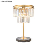 Gold Study Lamp With Clear Crystal Cylinder Design 3-Bulb Modern Reading Light On Marble Base