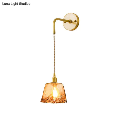 Gold Tan Glass 1-Light Wall Sconce Fixture Colonial Cone/Trapezoid/Flat Design For Living Room Cord
