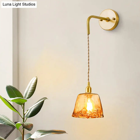 Gold Tan Glass 1-Light Wall Sconce Fixture Colonial Cone/Trapezoid/Flat Design For Living Room Cord