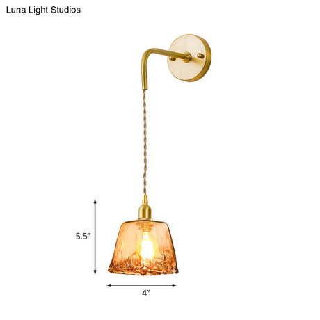 Gold Tan Glass 1-Light Wall Sconce Fixture Colonial Cone/Trapezoid/Flat Design For Living Room Cord
