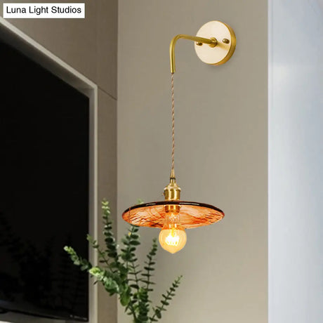 Gold Tan Glass 1-Light Wall Sconce Fixture Colonial Cone/Trapezoid/Flat Design For Living Room Cord