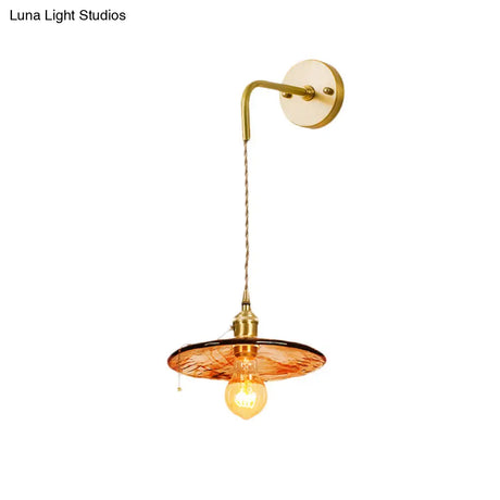 Gold Tan Glass 1-Light Wall Sconce Fixture Colonial Cone/Trapezoid/Flat Design For Living Room Cord