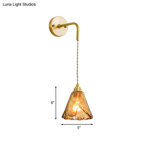 Gold Tan Glass 1-Light Wall Sconce Fixture Colonial Cone/Trapezoid/Flat Design For Living Room Cord
