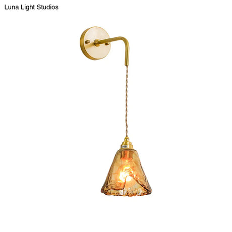 Gold Tan Glass 1-Light Wall Sconce Fixture Colonial Cone/Trapezoid/Flat Design For Living Room Cord