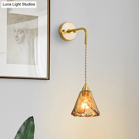 Gold Tan Glass 1-Light Wall Sconce Fixture Colonial Cone/Trapezoid/Flat Design For Living Room Cord