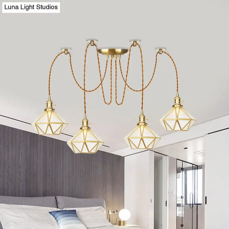 Gold Traditional Pendant Light With 2/3/4 Clear Water Glass Diamond Swag Heads