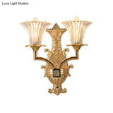 Gold Wall Lamp: Clear Fluted Glass Tapered Design 2-Light Rustic Style Fixture