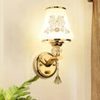 Gold Wall Light With Crystal Accent And White Tapered Glass Shade