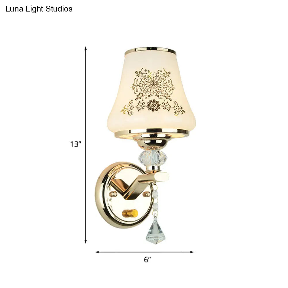 Gold Wall Light With Crystal Accent And White Tapered Glass Shade