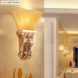 Gold Wall Mount Lamp With Amber Fluted Glass - Loft Style Trapezoid Lighting Fixture
