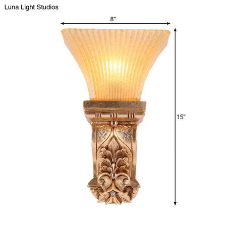 Gold Wall Mount Lamp With Amber Fluted Glass - Loft Style Trapezoid Lighting Fixture