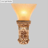 Gold Wall Mount Lamp With Amber Fluted Glass - Loft Style Trapezoid Lighting Fixture