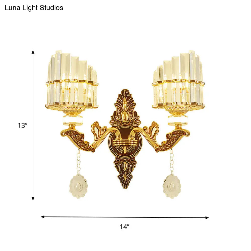 Gold Wall Mount Light Arc Sconce Lamp For Corners - Modern Crystal Block Fixture
