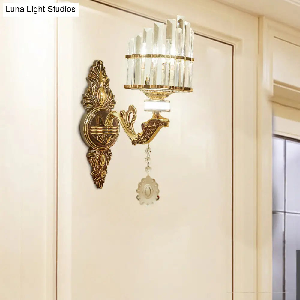 Gold Wall Mount Light Arc Sconce Lamp For Corners - Modern Crystal Block Fixture