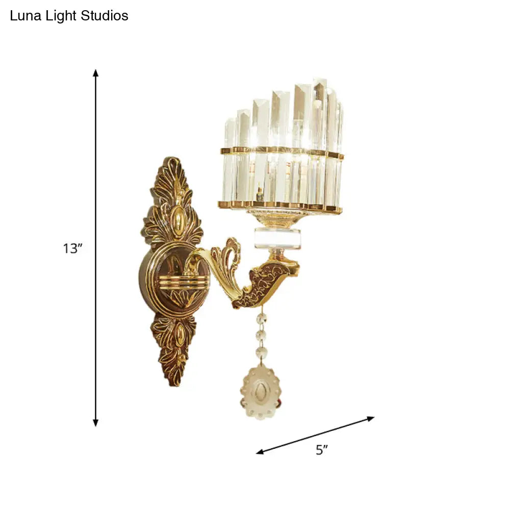Gold Wall Mount Light Arc Sconce Lamp For Corners - Modern Crystal Block Fixture