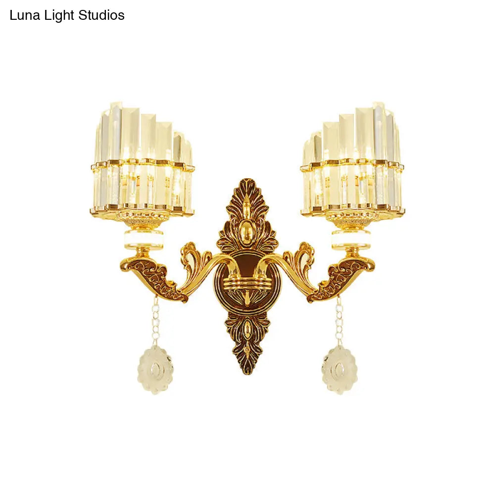 Gold Wall Mount Light Arc Sconce Lamp For Corners - Modern Crystal Block Fixture