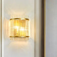 Gold Wall Mounted Light Fixture With Clear Crystal Rods - Modern Cylindrical/Rectangle Design Ideal