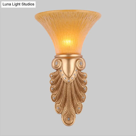 Gold Wall Sconce Lighting With Inverted Bell Opal Fluted Glass And Peacock Feather Design 10/13 Wide