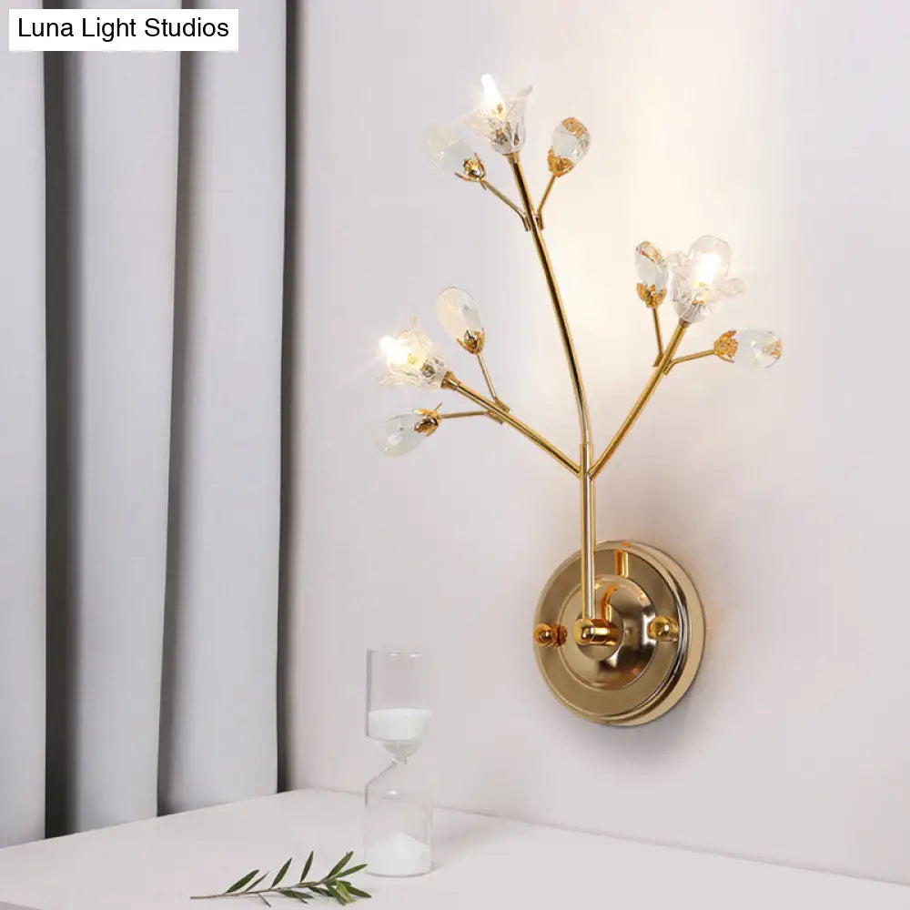 Gold Wall Sconce With Crystal Flowers And Leaves 3 Lights Simple Style