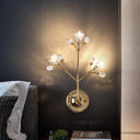 Gold Wall Sconce With Crystal Flowers And Leaves 3 Lights Simple Style