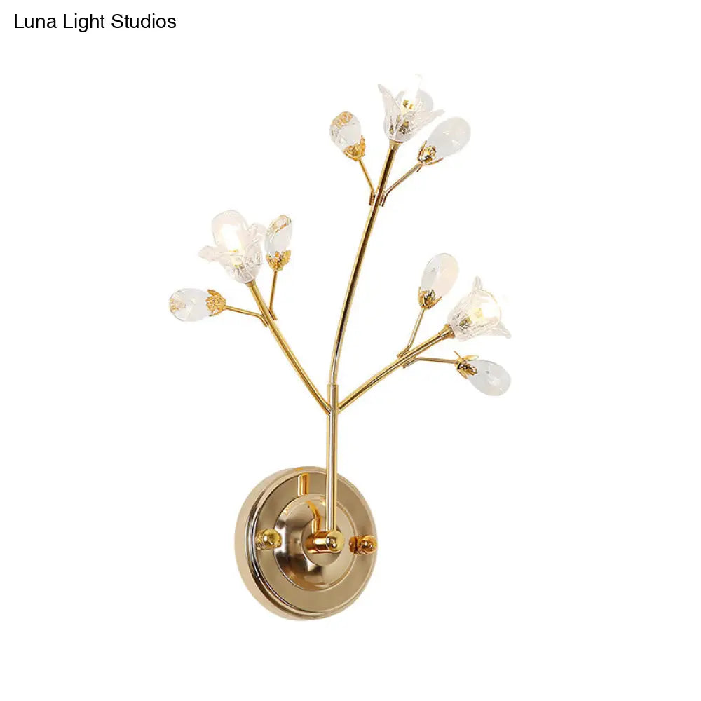 Gold Wall Sconce With Crystal Flowers And Leaves 3 Lights Simple Style