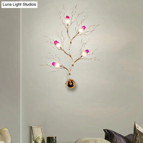Golden Aluminum Wall Mount Sconce With 5 Artistic Rose Lights For Living Room