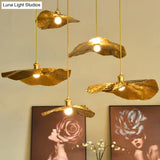 Golden Bronze Lotus Leaf Pendant Hanging Lamp - Mid-Century Metal Ceiling Light For Restaurants