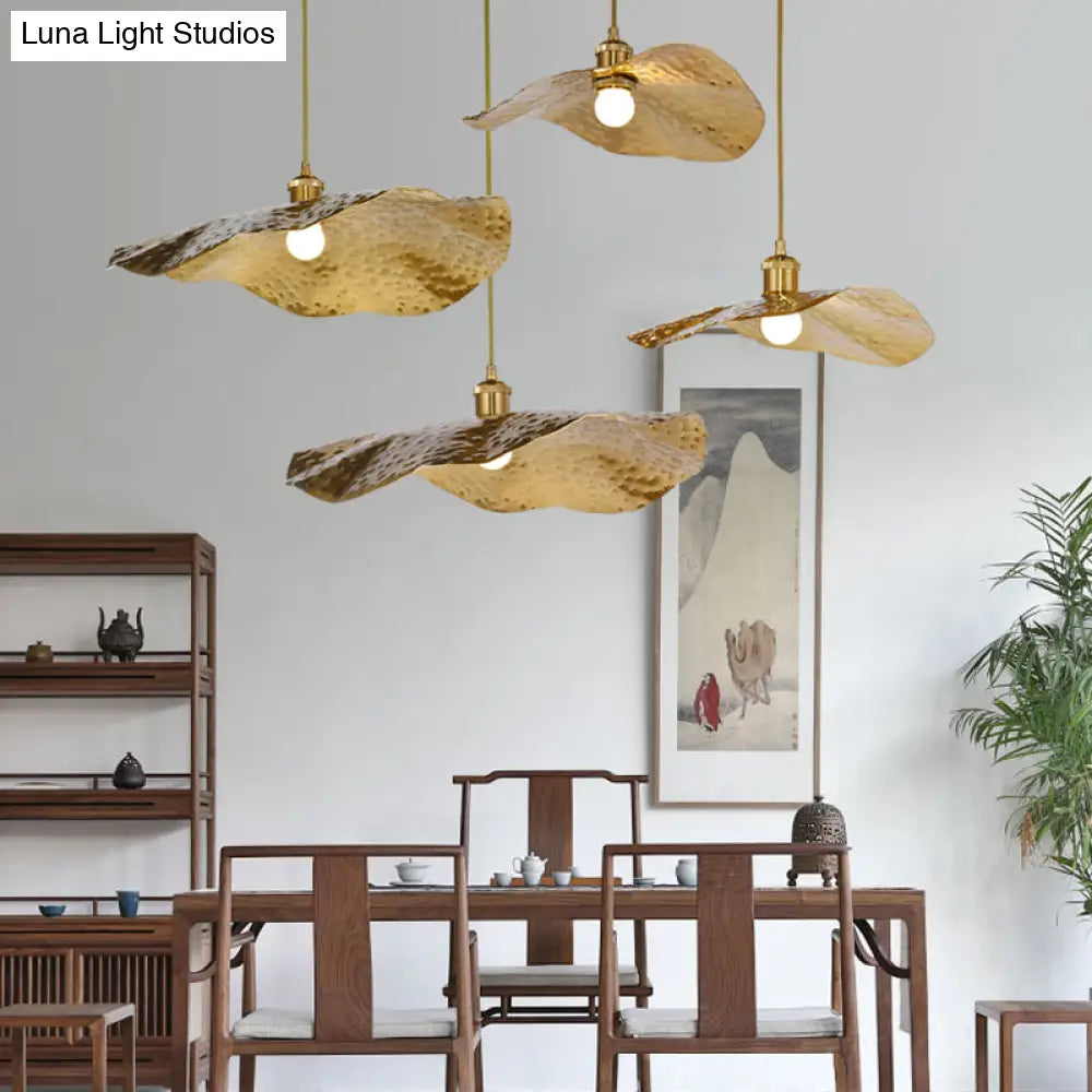 Golden Bronze Lotus Leaf Pendant Hanging Lamp - Mid-Century Metal Ceiling Light For Restaurants