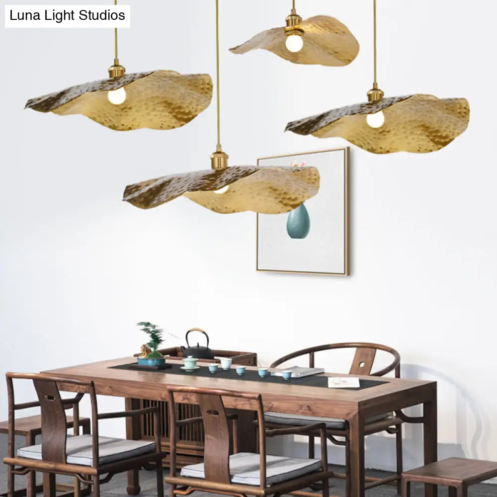 Golden Bronze Lotus Leaf Pendant Hanging Lamp - Mid-Century Metal Ceiling Light For Restaurants