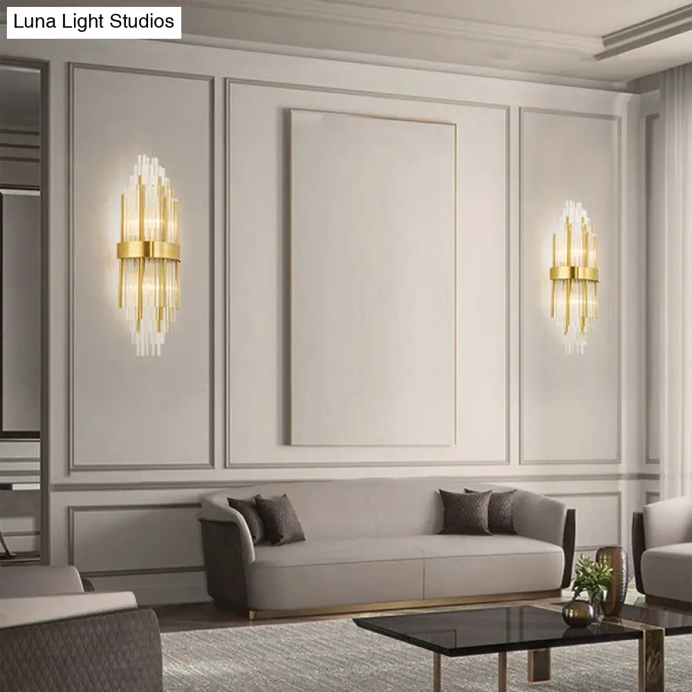 Golden Crystal Layered Sconce Light For Living Room - Modern Wall Mounted Lamp (2 Lights)