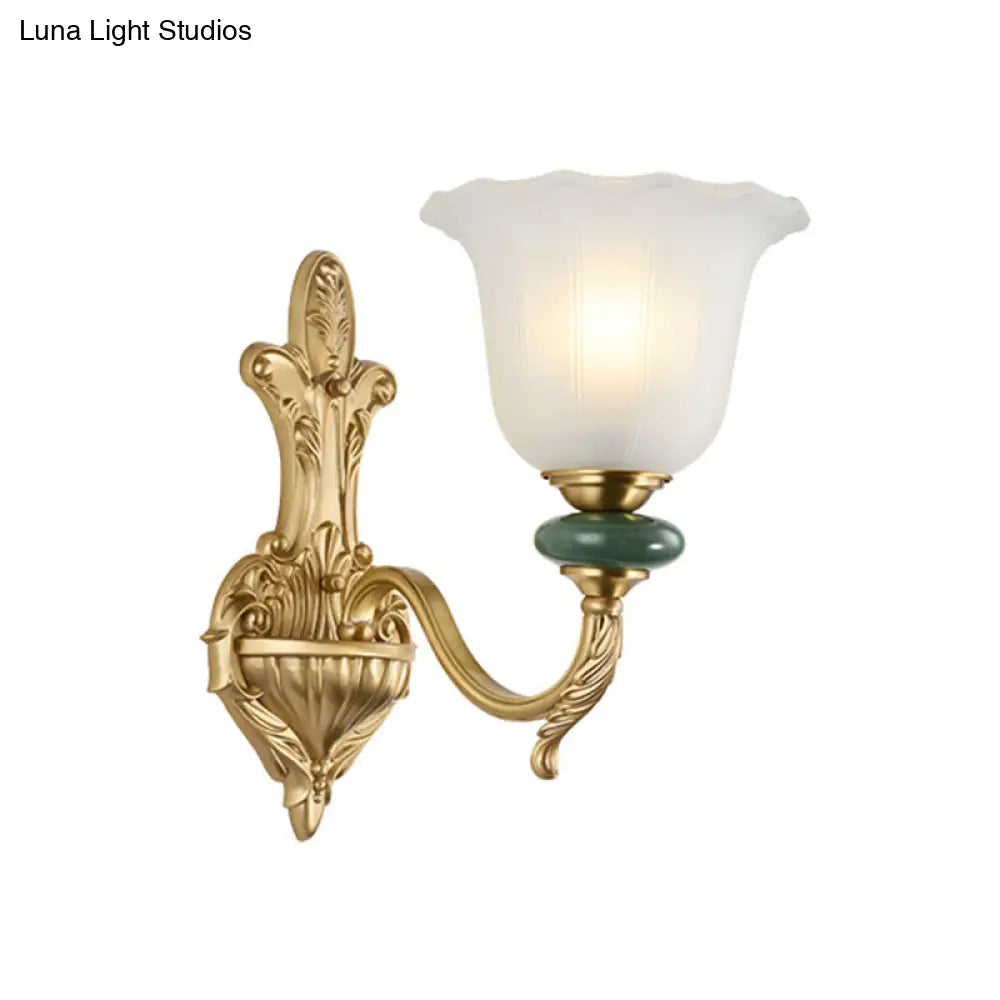 Golden Curved Arm Vintage-Style 1/2-Head Bell Wall Light Sconce With Opal Glass Perfect Bedside