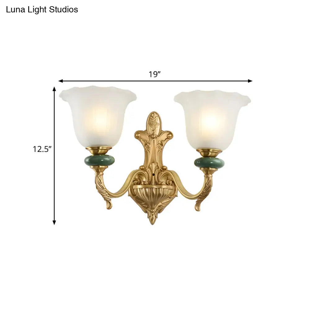 Golden Curved Arm Vintage-Style 1/2-Head Bell Wall Light Sconce With Opal Glass Perfect Bedside