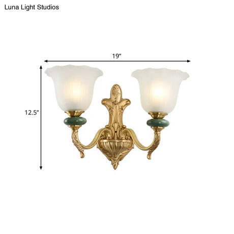 Golden Curved Arm Vintage-Style 1/2-Head Bell Wall Light Sconce With Opal Glass Perfect Bedside