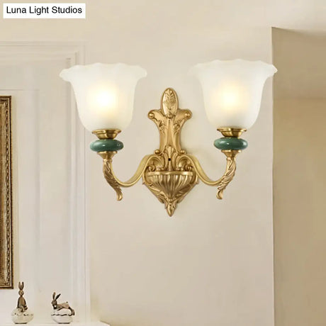 Golden Curved Arm Vintage-Style 1/2-Head Bell Wall Light Sconce With Opal Glass Perfect Bedside