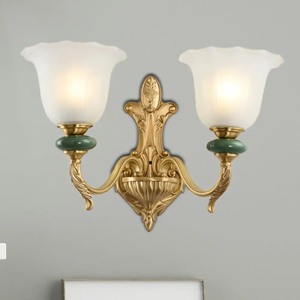 Golden Curved Arm Vintage-Style 1/2-Head Bell Wall Light Sconce With Opal Glass Perfect Bedside