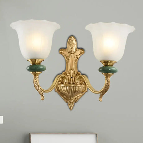 Golden Curved Arm Vintage-Style 1/2-Head Bell Wall Light Sconce With Opal Glass Perfect Bedside