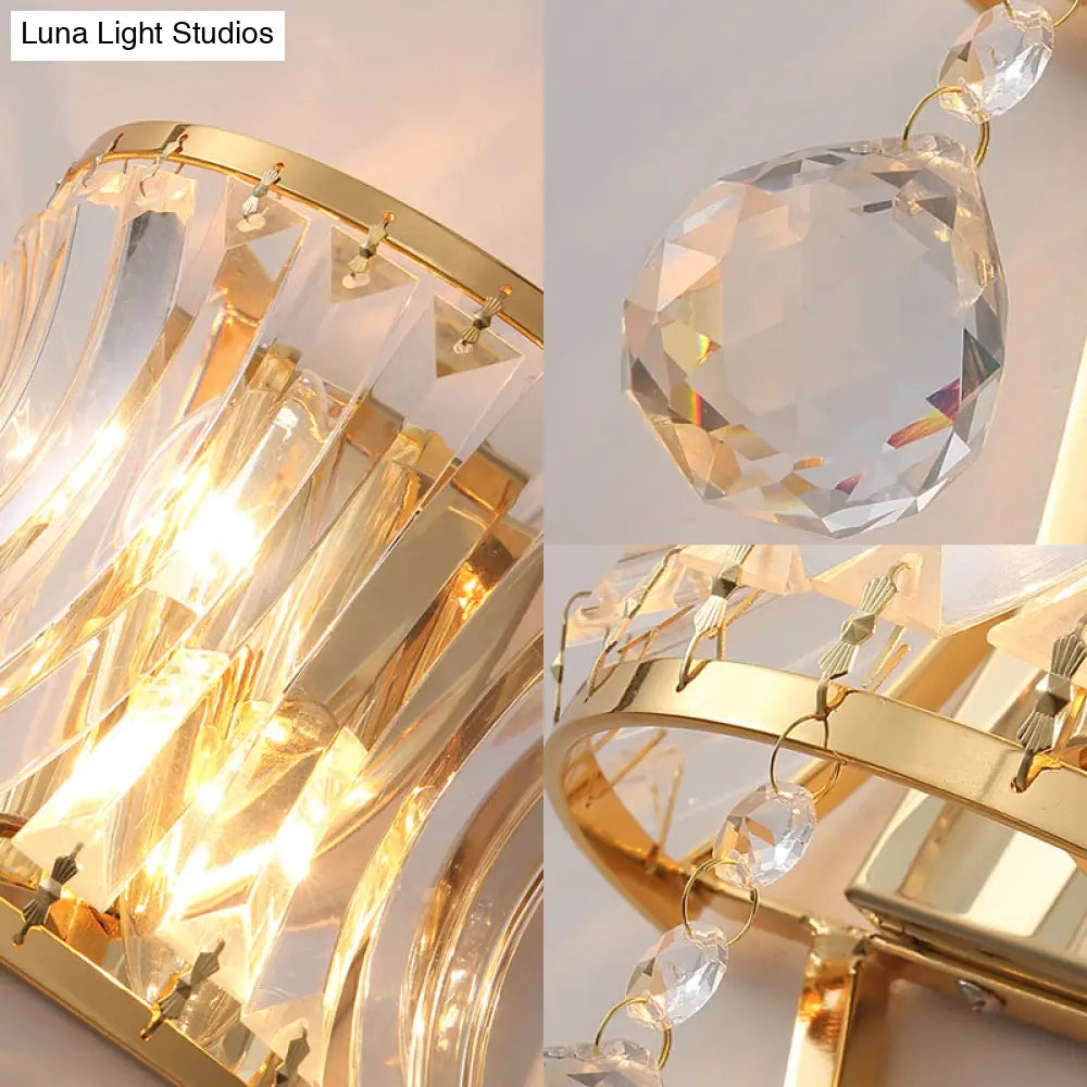 Golden Curved Metal Wall Sconce With Clear Crystal Prism