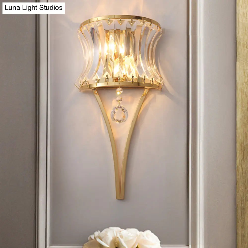 Golden Curved Metal Wall Sconce With Clear Crystal Prism