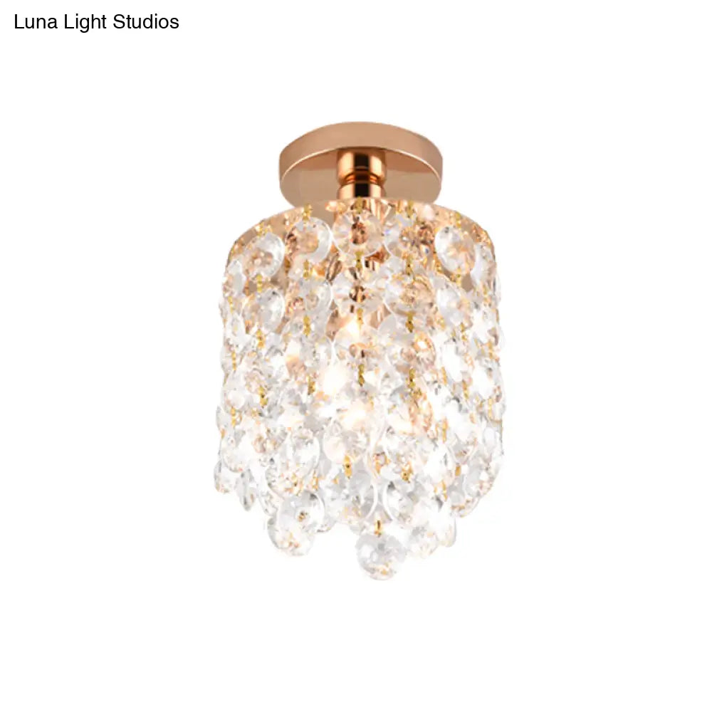 Golden Cylinder Crystal Semi - Flush Ceiling Light With Simplicity Design