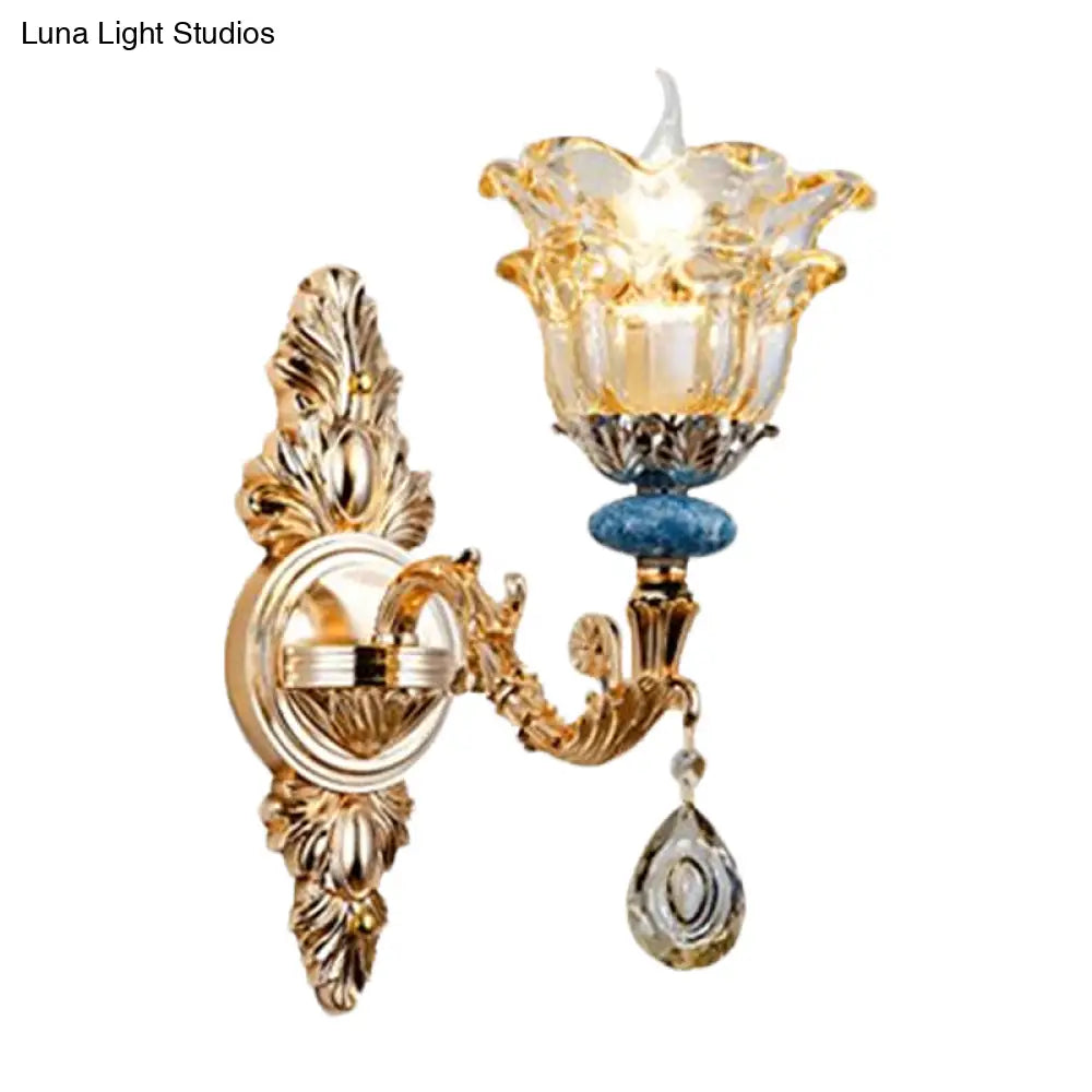 Golden Floral Crystal Wall Lamp Kit - 2-Layer 1/2-Bulb Option For Bedside Mounting