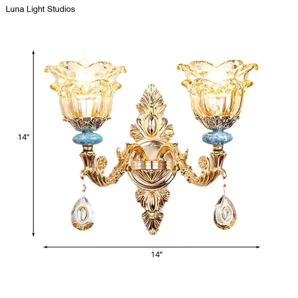 Golden Floral Crystal Wall Lamp Kit - 2-Layer 1/2-Bulb Option For Bedside Mounting