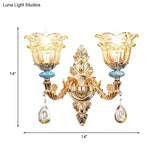 Golden Floral Crystal Wall Lamp Kit - 2-Layer 1/2-Bulb Option For Bedside Mounting