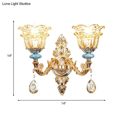 Golden Floral Crystal Wall Lamp Kit - 2-Layer 1/2-Bulb Option For Bedside Mounting